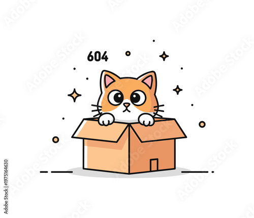 Little curious cat inside box cute tiny cat poking out of a cardboard box with wide eyes and subtle sparkles around for a playful whimsical illustration.
