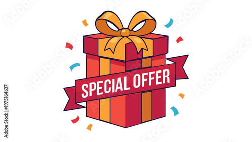 Special offer gift box vector icon illustration with red banner and confetti. Flat design graphic for marketing, sales, and customer loyalty programs. Scalable AI-generated vector artwork.