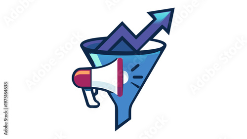 Vector illustration of a marketing funnel with a megaphone and an upward-trending arrow, representing digital content strategy, sales conversion, business growth, and advertising success icon.