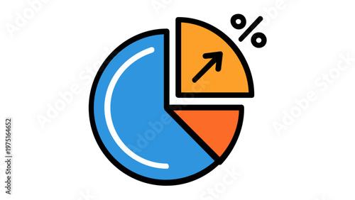 Vector icon illustration of a colorful pie chart with a separated segment, upward arrow, and percent sign, representing marketing strategy, business growth, data analytics, and financial gain.