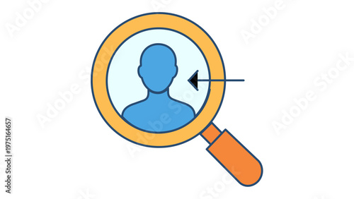 Market research vector icon illustration featuring a magnifying glass focusing on a human silhouette with an arrow, symbolizing target audience analysis, customer profiling, and recruitment.