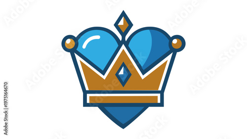Flat minimalist vector illustration of a blue heart integrated with a golden crown, symbolizing brand loyalty, premium quality, customer appreciation, and royal status for marketing strategy.