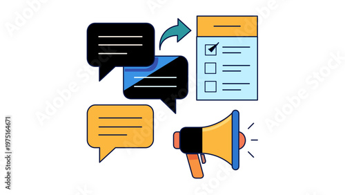 Professional flat vector icon illustration for marketing strategy and communication, featuring speech bubbles, a checklist for feedback surveys, and a megaphone for target audience outreach.