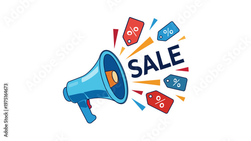 Vector illustration of a blue megaphone announcing a big sale with floating red and blue discount price tags and percentage symbols, ideal for marketing strategy and promotional campaigns.