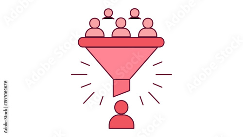 Marketing strategy vector illustration featuring a pink sales funnel icon for lead generation, market research, and customer segmentation. Multiple people icons entering to find a target.