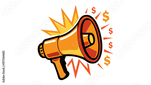 Vibrant vector illustration of an orange and yellow megaphone bullhorn icon with dollar signs and a dynamic burst effect, symbolizing marketing strategy, sales promotion, and business advertising.
