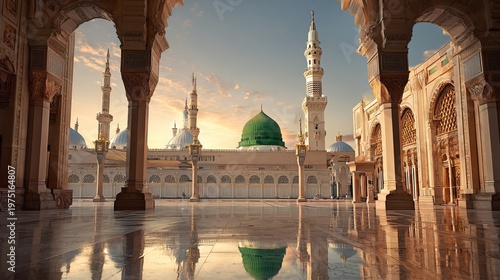 Nabawi mosque in Al Madinah, Saudi Arabia, shows a green dome and arches with Moorish designs.