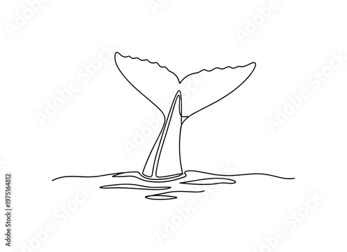 Ocean Dive. Minimalistic one-line drawing a whale tail lifting before submerging into water, continuous single black line on white background, simple outline