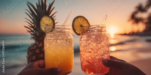 Two hands toast with tropical cocktails in mason jars on a beach at sunset with pineapple and palm trees in the background