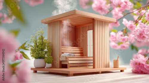 Cozy wooden sauna nestled among pink cherry blossoms with steam rising gently.