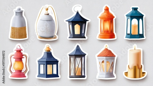 Assortment of decorative lanterns and candles on a light background.
