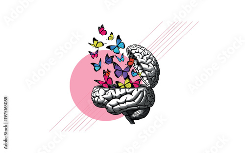 surreal brain opening to release butterflies, large pink circle and diagonal grid lines in background, symbolic conceptual composition, high contrast black and