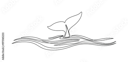 Gentle Waves. Minimalistic one-line drawing a whale tail surrounded by soft flowing water lines, continuous single black line on white background, simple