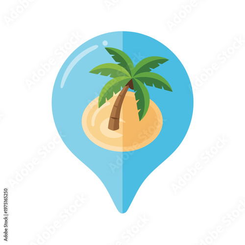 Location pin shows a tropical island with a palm tree and sandy beach