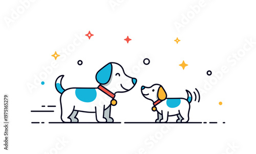 Happy dog greeting a small dog wagging its tail with subtle motion lines and a cheerful posture. The composition conveys friendliness and playful energy,
