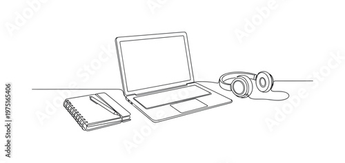 Productive Workstation with Laptop. Minimalistic one-line drawing laptop surrounded by notebook and headphones on desk, continuous single black line on white