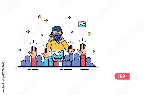 Crowd event photo capture scene featuring a photographer and raised hands with small light accents expressing engagement, energy, and shared experience.