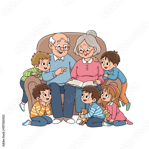 Elderly couple reads book to captivated grandchildren on a sofa