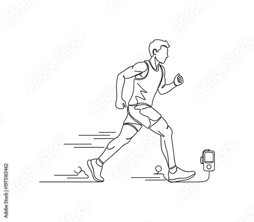 Healthy Lifestyle Run. Minimalistic one-line drawing dynamic running pose with subtle shoe motion lines and step tracker icon, continuous single black line on