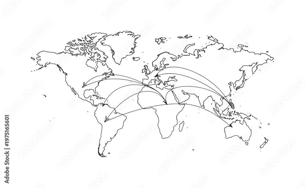 Obraz premium International Flight Paths. Minimalistic one-line drawing world map silhouette with arched airline routes crossing oceans, continuous single black line on