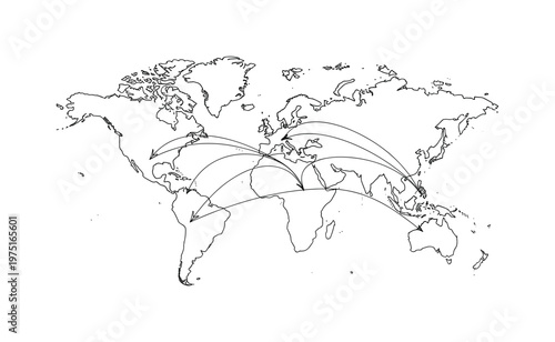 International Flight Paths. Minimalistic one-line drawing world map silhouette with arched airline routes crossing oceans, continuous single black line on
