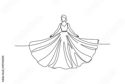 Fluid Beauty. Minimalistic one-line drawing a woman with a dress flowing outward in smooth arcs, continuous single black line on white background, simple