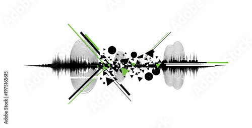 distorted vintage sound waves with geometric disruption, monochrome wave arcs broken by triangles and circular fragments, glitch lines intersecting