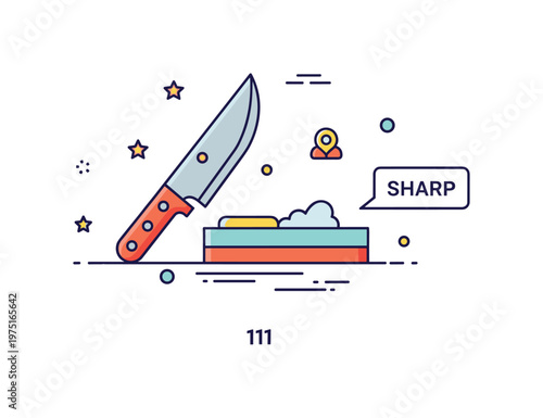 Tool sharpening badge with a blade, stone, and subtle ?Sharp? label conveying readiness, maintenance, and precision. Minimalist flat vector illustration,