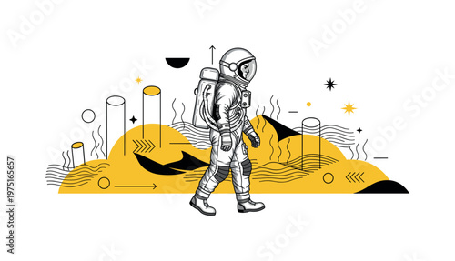 side view of astronaut in vintage suit walking through stylized dunes, yellow semicircles and thin black lines suggesting heat waves, abstract cylinders and