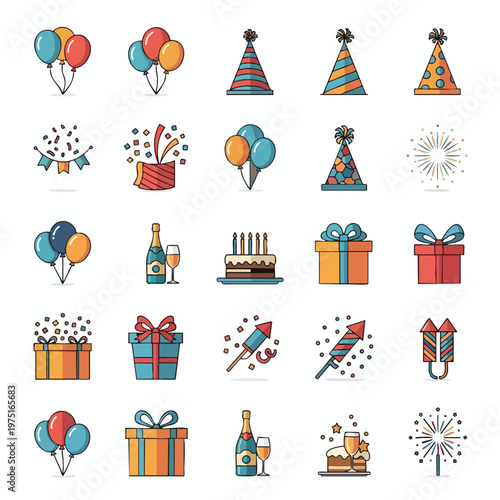 A collection of flat vector graphics depicting birthday and party celebration elements