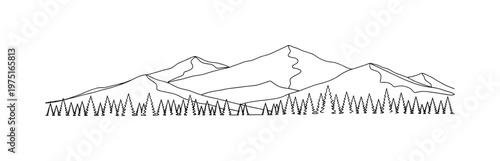 Peaceful Range. Minimalistic one-line drawing a mountain with pine trees forming a calm horizon line, continuous single black line on white background, simple