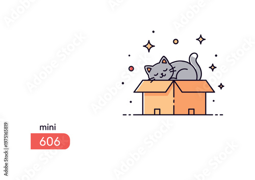 Mini whimsical cat box charming tiny cat curled up inside a cardboard box with subtle sparkles enhancing the cozy playful illustration. Minimalist flat vector