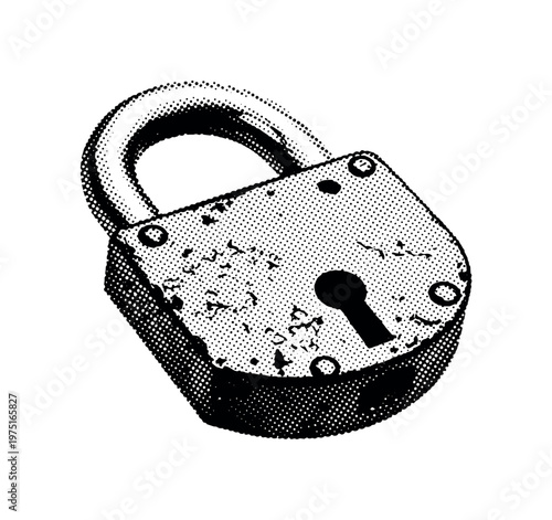 A corroded padlock with distressed surface and uneven engraved detailing, slightly angled as a single object, black and white halftone illustration, dense and