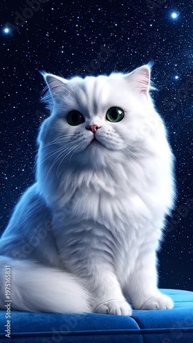 A fluffy white cat with green eyes sits on a blue surface against a backdrop of a starry night sky