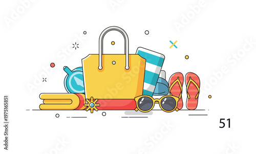 Bright colored beach bags and accessories arranged in a cheerful summer composition with a tote bag, sunglasses, flip flops, and a folded towel creating a