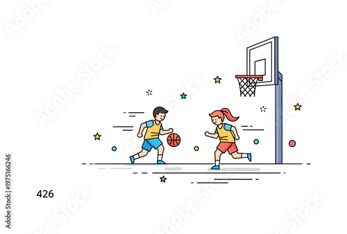 Youth basketball practice scene with kids dribbling a ball and a hoop with subtle motion lines expressing skill development and fun learning. Minimalist flat