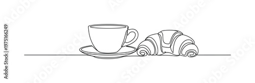 Cafe Morning. Minimalistic one-line drawing a coffee cup and a croissant placed side by side on a table, continuous single black line on white background,