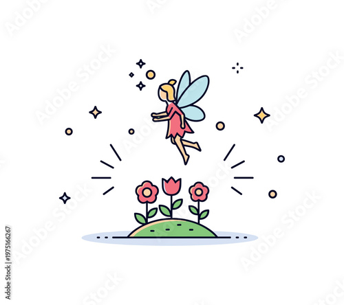 Fairy light moment a glowing fairy hovering above a tiny garden patch with simple flowers and soft radiating light shapes. A clean visual symbol of magic