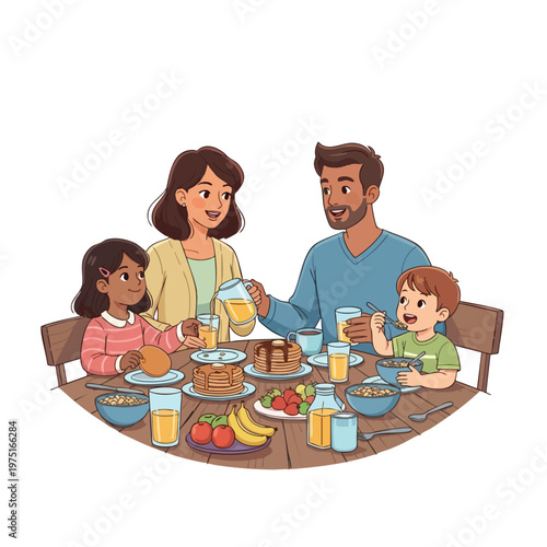 A family enjoys a hearty breakfast with pancakes, cereal, fruit, and juice