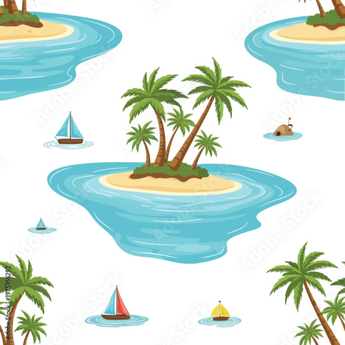 Tropical islands with palm trees and sailboats dot the turquoise ocean