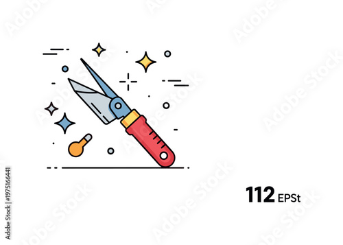 Garden equipment care scene showing a clean sharpened tool with sparkle accents and minimal elements expressing reliability and proper upkeep. Minimalist flat