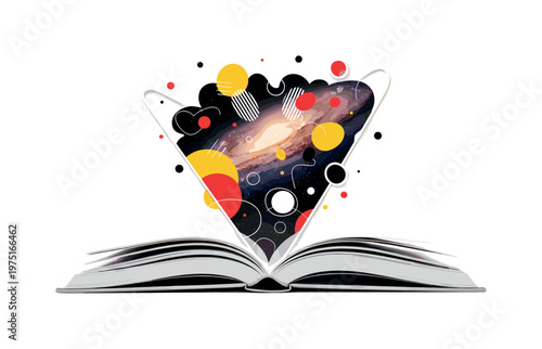 cosmic storybook sky with floating circles abstract shapes and lines, black and white open book projecting galaxy sky above pages with white outline cut-out
