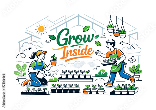 Vibrant Spring Greenhouse. Spring Plant Nursery. A spacious greenhouse interior with potted seedlings arranged