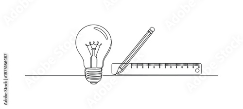 Product Development Idea. Minimalistic one-line drawing light bulb beside ruler and pencil in clean composition, continuous single black line on