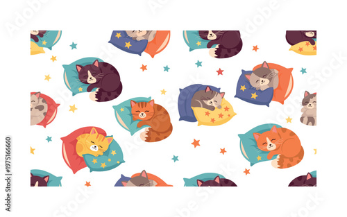 cute napping cats seamless pattern, repeating pattern, surface design, textile print, soft color palette, modern illustration, flat vector playful cats