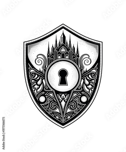 An antique shield emblem combining retro geometry and gothic ornamentation with a central keyhole motif, enlarged with generous negative space, black and white