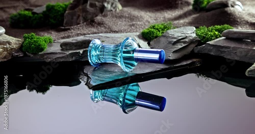 Modern blue perfume in an oasis on stony black desert.