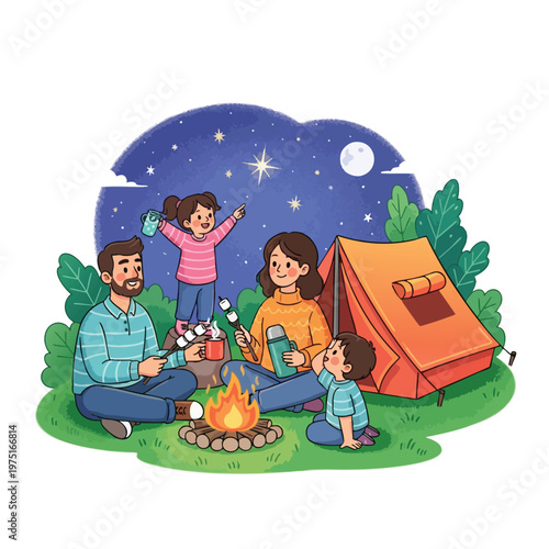 Family camping trip at night, roasting marshmallows by campfire under starry sky