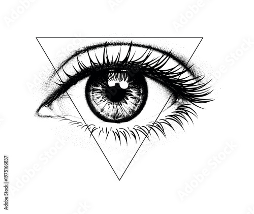 A close-up of an eye with dense halftone shading enclosed by a thin triangular outline, black and white illustration, editorial print aesthetic, high contrast,