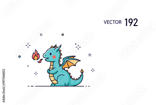 Little playful dragon tiny dragon exhaling a small flame with gentle decorative sparkles around for a whimsical fantasy illustration. Minimalist flat vector